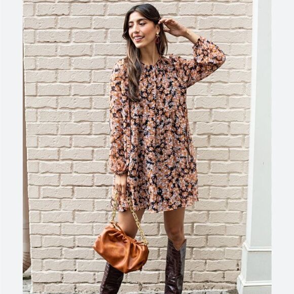 Sanctuary Dresses & Skirts - Sanctuary Floral Long Sleeve Babydoll Dress Women's Small Bronze Multi Color M